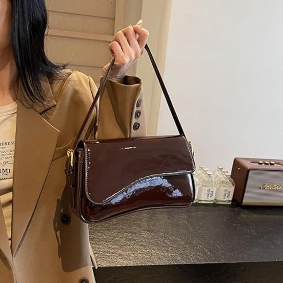 Neiman Marcus Handbags - Neiman Marcus Glossy Brown Vegan Leather Purse